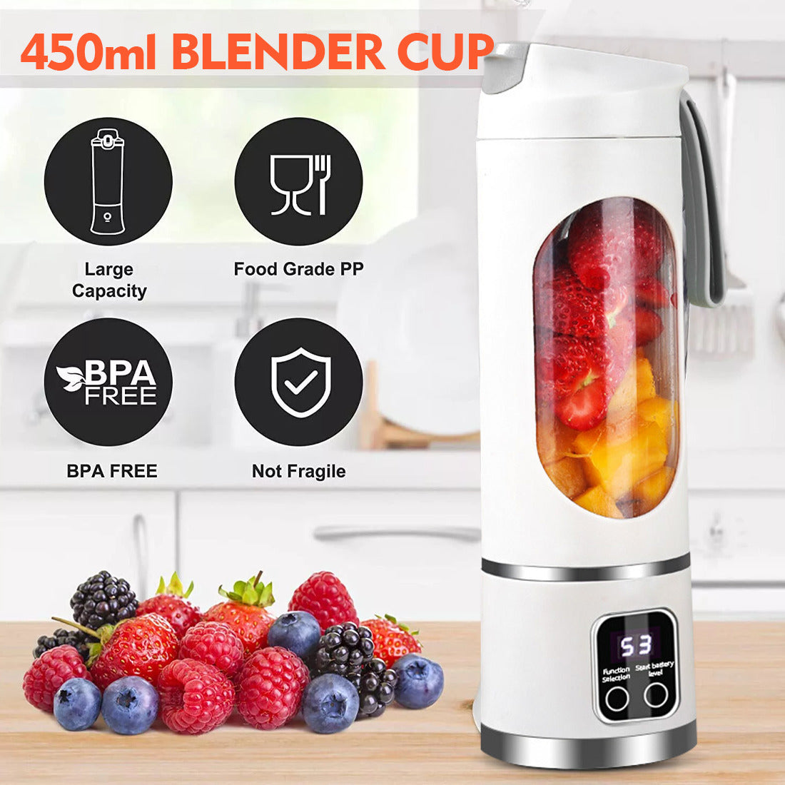 FitEcoLifestyle™ Tragbarer Smoothie-Mixer – Wiederaufladbar & Nachhaltig für unterwegs. 450 ml - FitEcoLifestyle